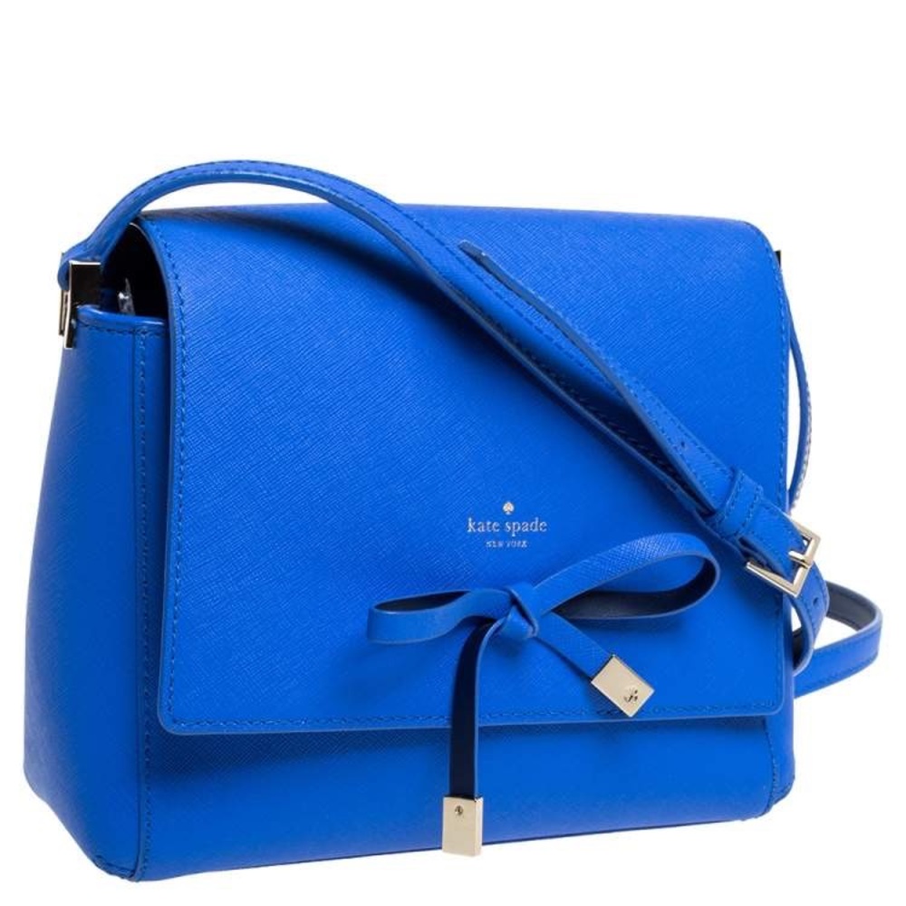 Kate Spade Blue Leather Bow Flap Crossbody Spacious Shoulder Bag π Fitsπ±ππ΅ - Picture 4 of 16